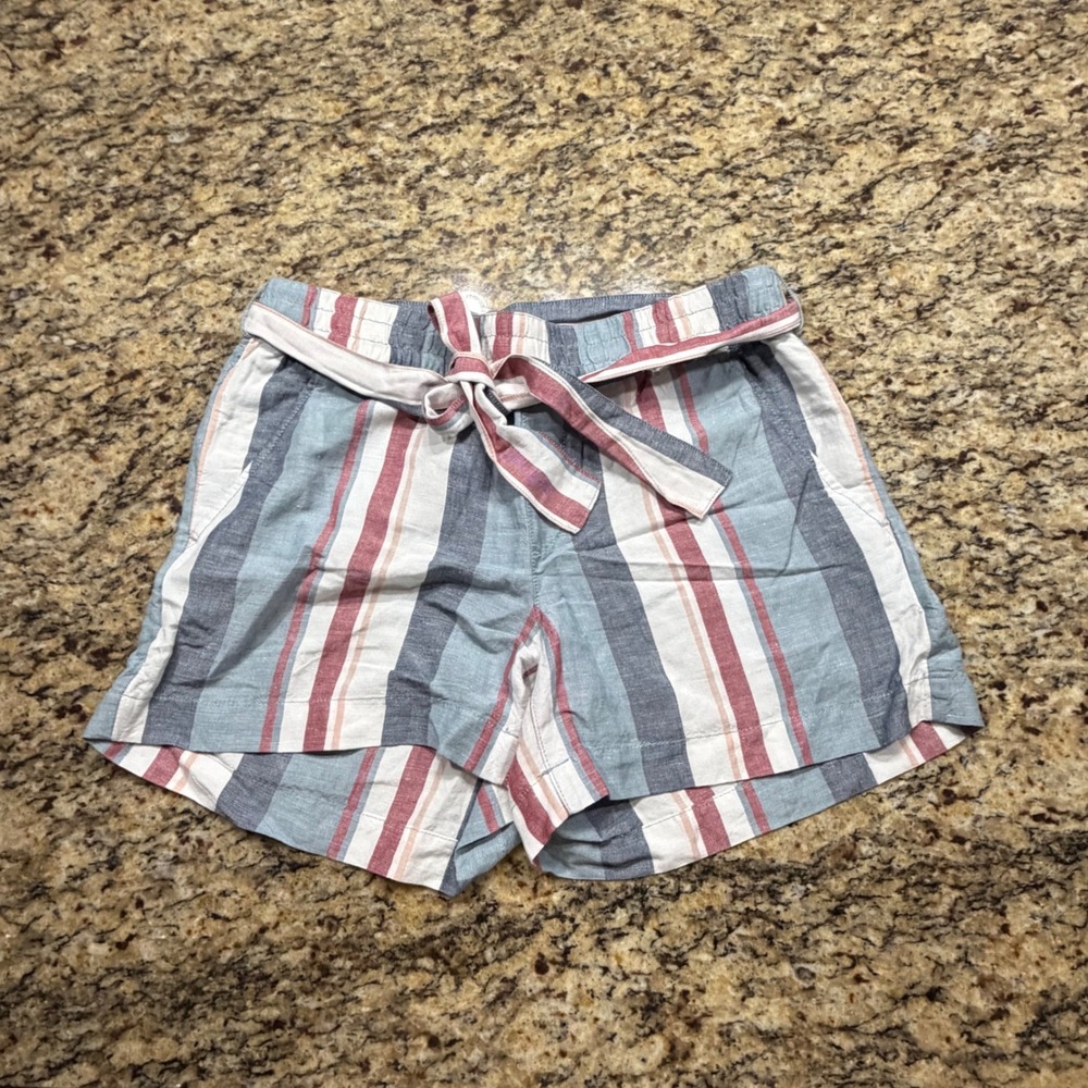 NEW LOFT Striped Linen Blend Tie Waist Shorts Blue Red White S ws